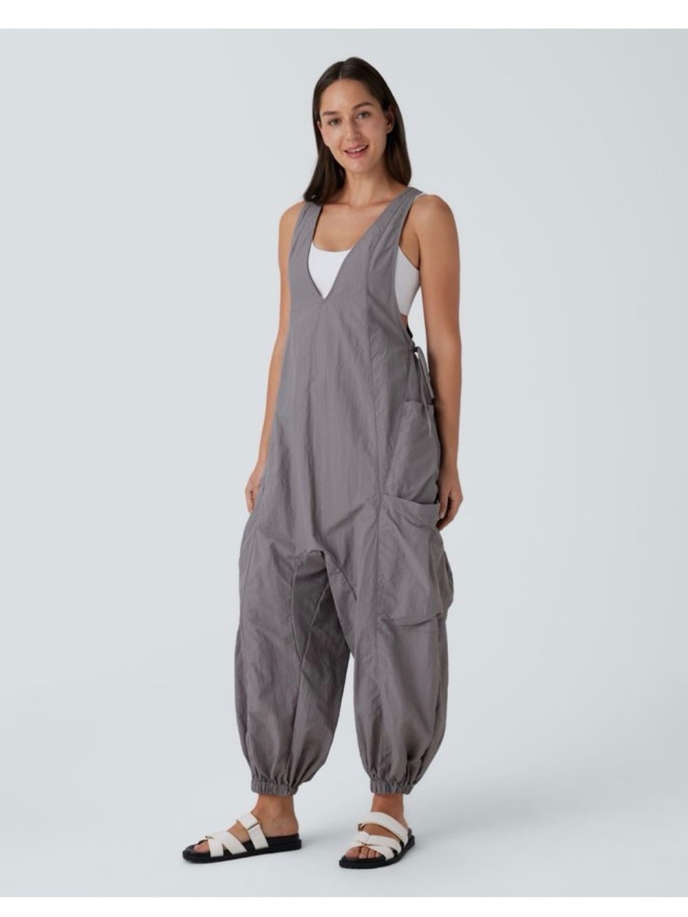 HALARA V Neck Sleeveless Drawstring Pockets Relax Cargo Jumpsuit